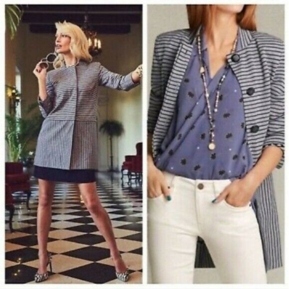 $179 Cabi #5474 Dappled Striped Collarless Car Coat Navy Grey small